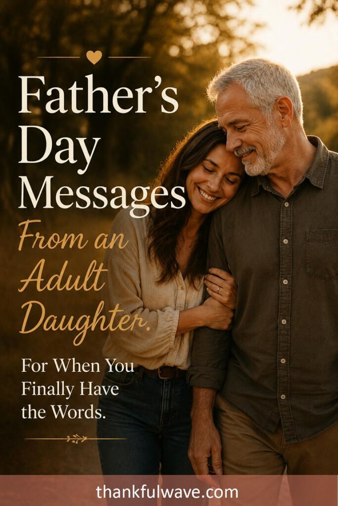 Father's Day message from adult daughter with grown daughter and older dad embracing in warm natural light